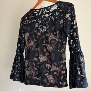 NWT INC black lace dress top with flared sleeves and a blush internal lining